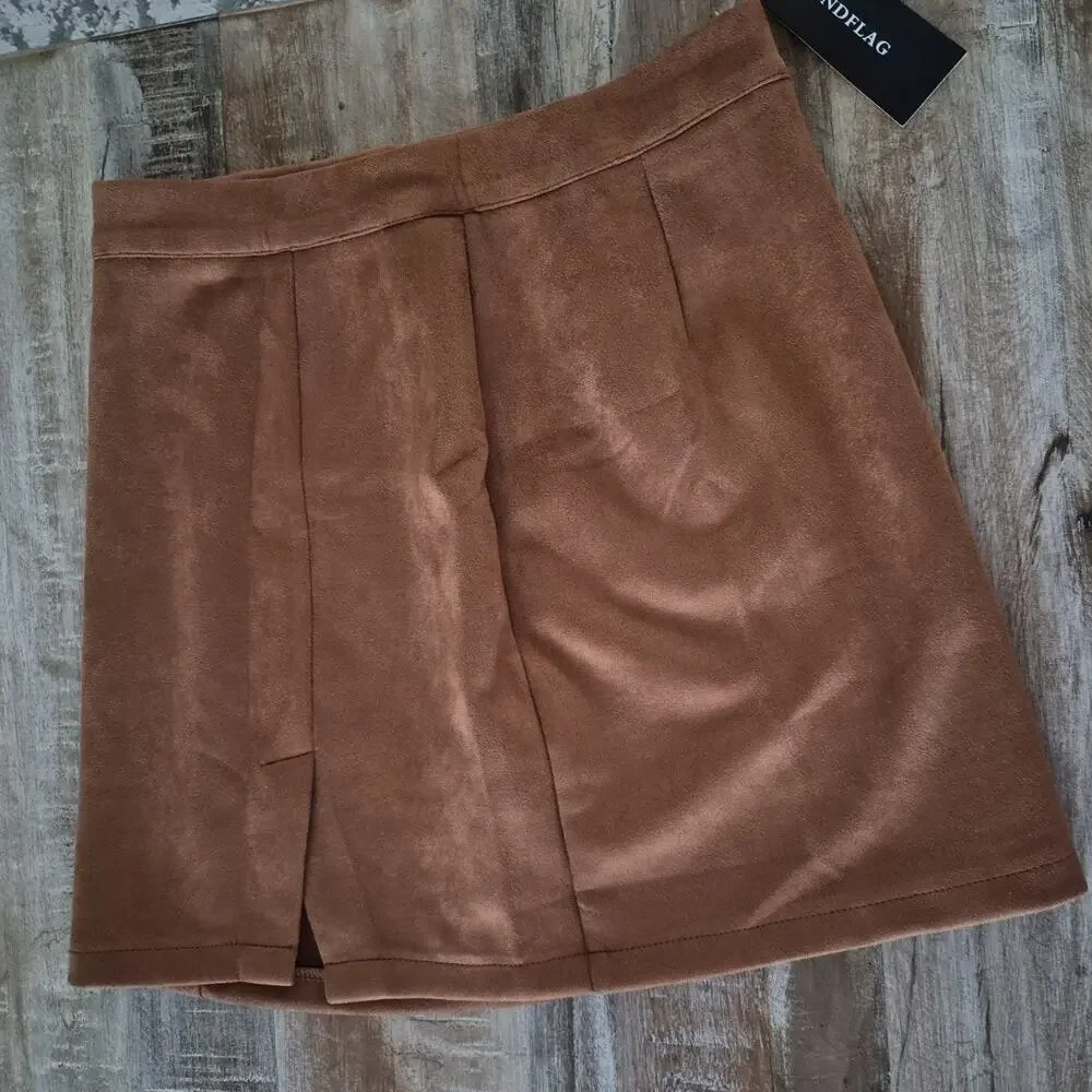 Women's High Waist Faux Suede Side Split Bodycon Short Mini Skirt M